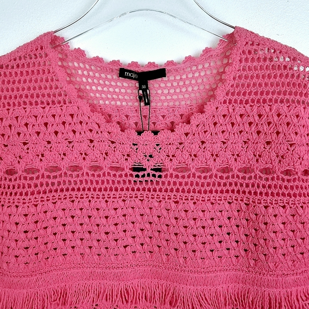 Maje Rosy Pink Crochet Fringe Short Sleeve Mini Dress NWT - Picture 10 of 16
